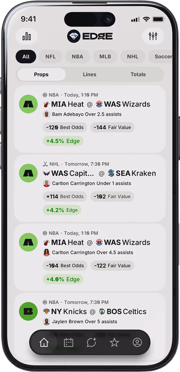 Edge iOS app home screen showing graded bets and live odds